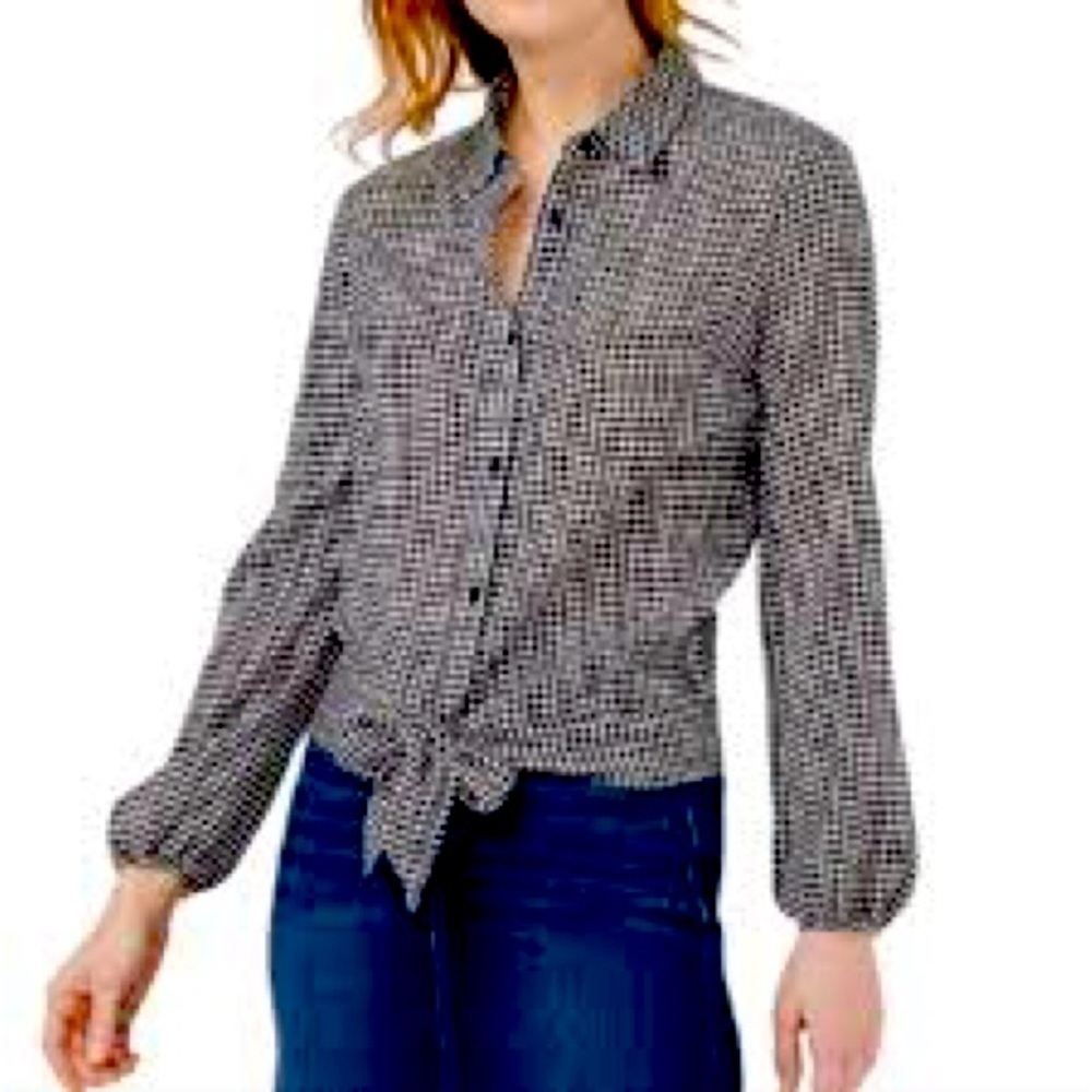 LC Lauren Conrad Plus Blouse Gingham Plaid Knot-Hem Button-Up XXL black/white